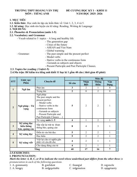 Đề cương ôn tập Học kì 1 Tiếng Anh 11 năm 2025–2026 trường THPT Hoàng Văn Thụ (Hà Nội)